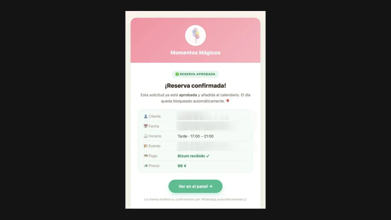 Confirmación real y anonimizada de una reserva de Momentos Mágicos